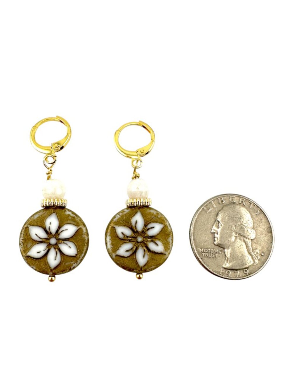 Czech Glass Clematis Flower Earrings White Gemstone Gold Leverbacks Artisan 1.5" - Picture 8 of 10